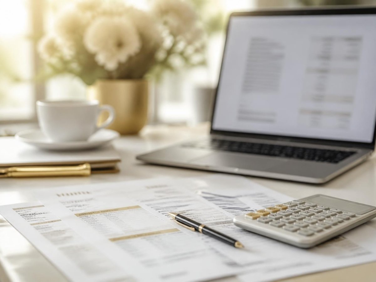 Tax planning documents, calculator and laptop