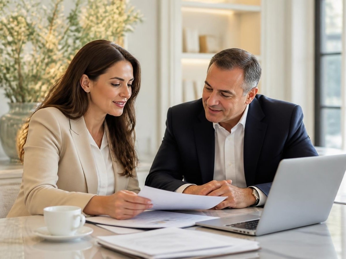 Business owner and tax adviser reviewing documents