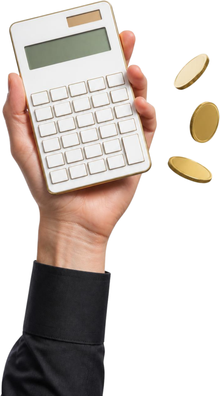 Hand holding a calculator with gold coins