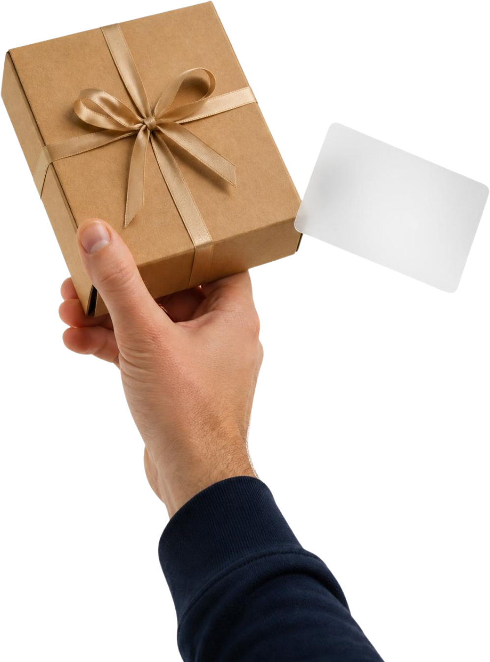 Hand holding a ribboned parcel and a frosted card