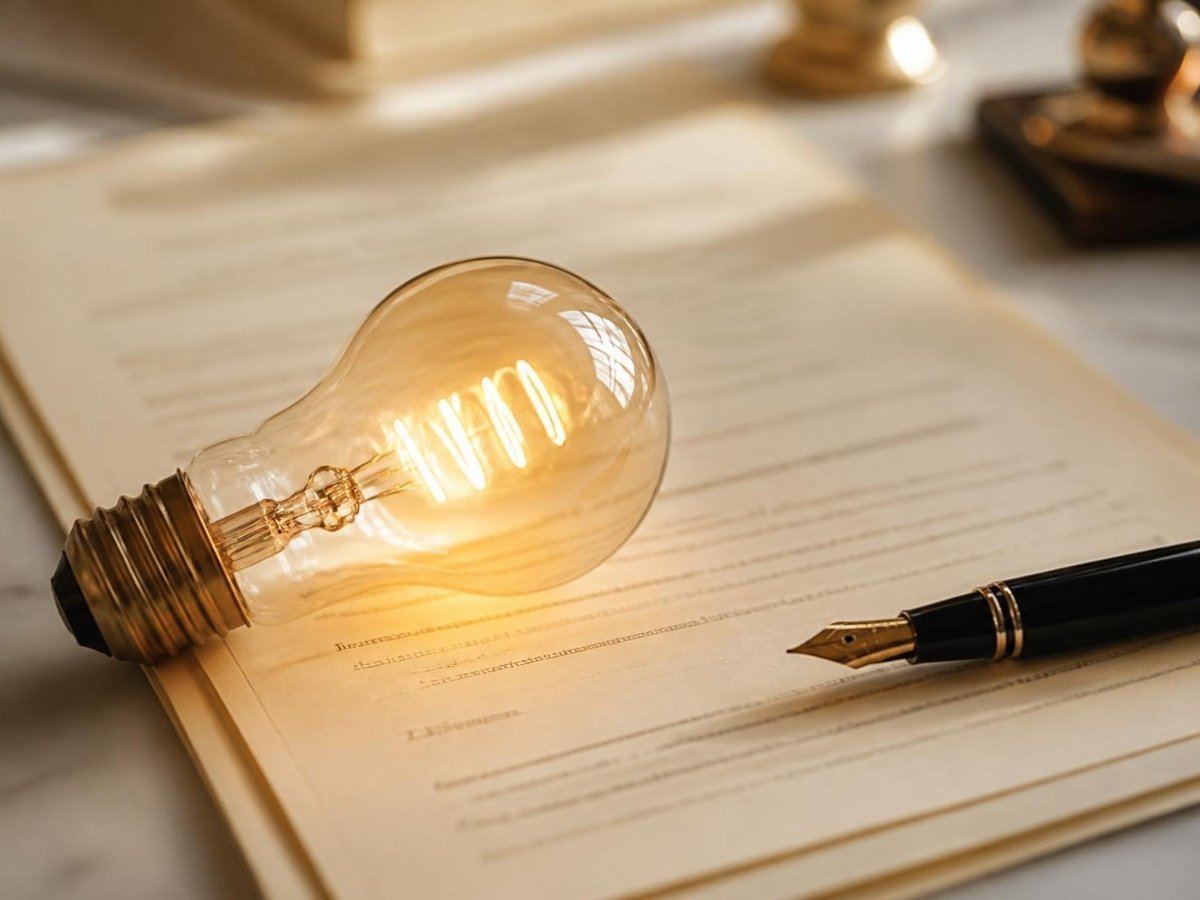 Light bulb on a patent document with a fountain pen